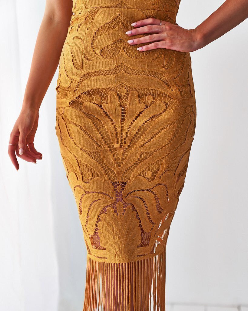 Mustard Yellow Lace Midi Dress