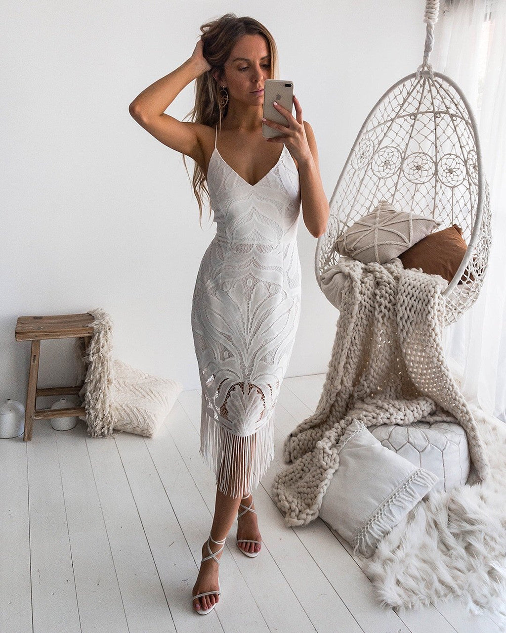 White Lace Fringe Midi Dress