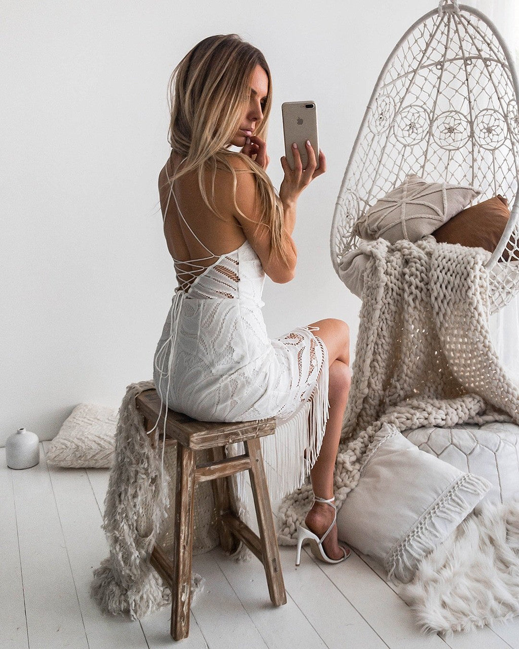 White Lace Fringe Midi Dress