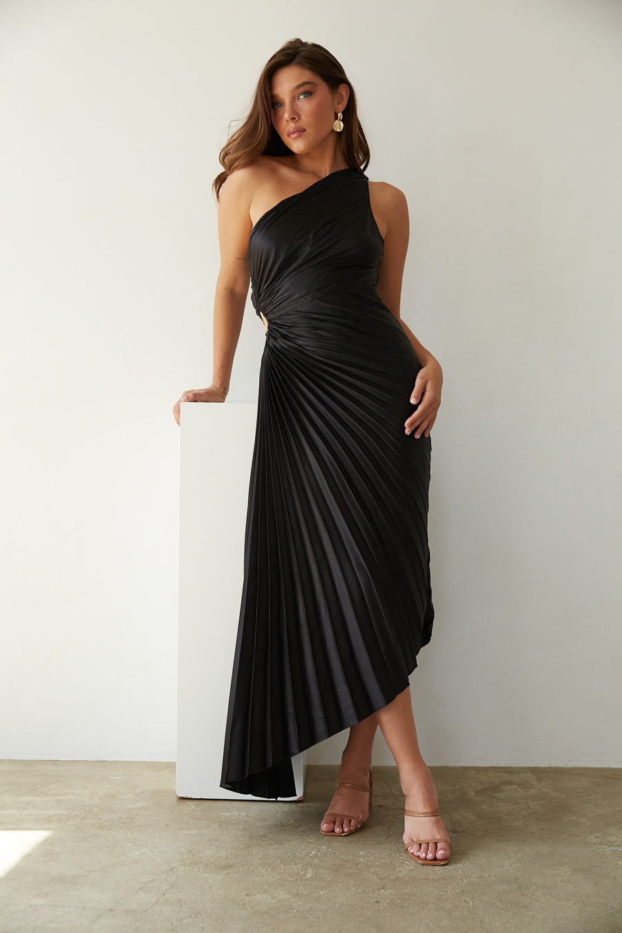 black one shoulder pleated dress Pontee One Shoulder Pleated Midi Dress - Black